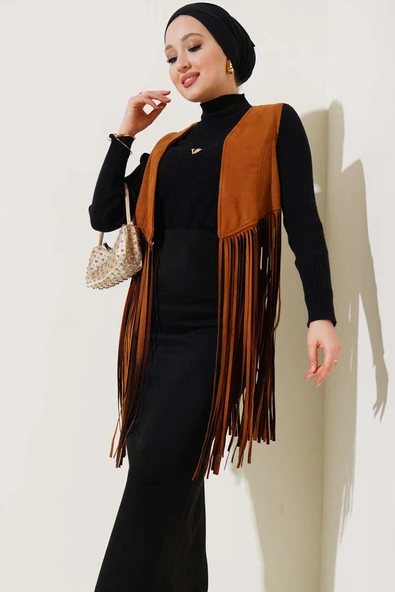 Püsküllü Süet Yelek Taba - Resim 2