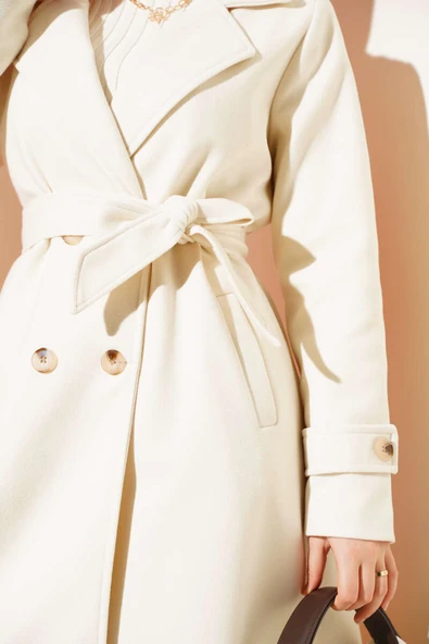 Kruvaze Yaka İki Düğmeli Kaşe Kaban Ekru - Resim 4