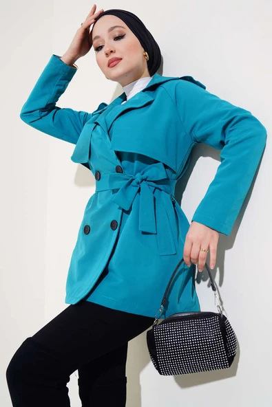 Kruvaze Yaka Kısa Trençkot Pastel Yeşili ürün görseli 1