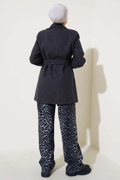 Omuz Apoletli Kısa Kaşe Kaban Füme - Resim 3