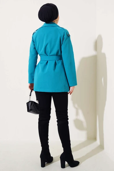 Kruvaze Yaka Kısa Trençkot Pastel Yeşili - Resim 3