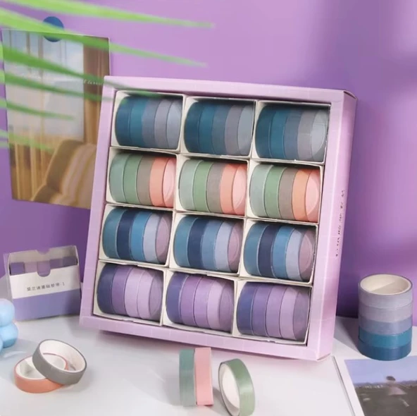 Vintage Washi Tape Bant Yapışkanlı Maskeleme Kağıdı Renkli Bant 5 li - Mor-Mavi Tonları N2 - 4