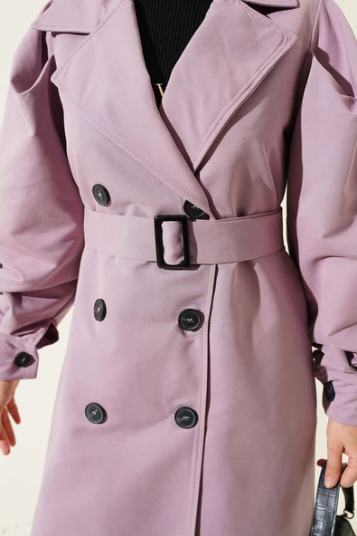 Kuşaklı Balon Kol Uzun Trençkot Lila - Resim 4