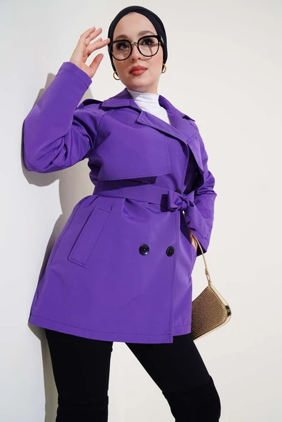 Kruvaze Yaka Kısa Trençkot Mor ürün görseli 1