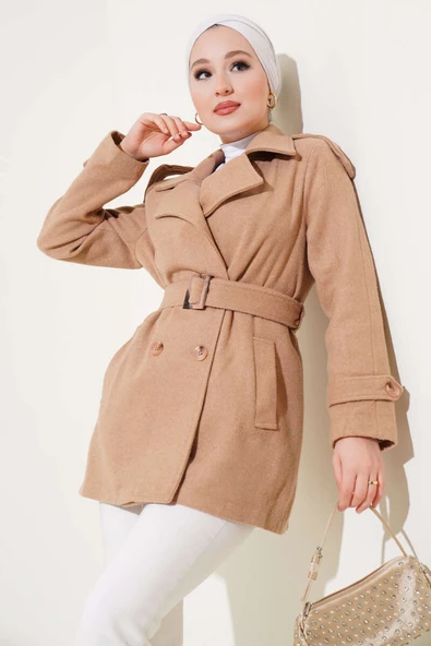 Omuz Apoletli Kısa Kaşe Kaban Camel ürün görseli 1