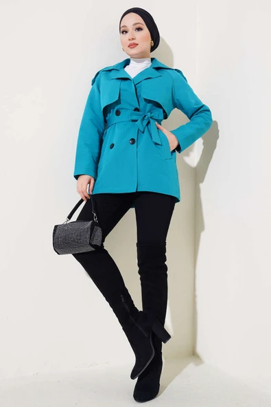 Kruvaze Yaka Kısa Trençkot Pastel Yeşili - Resim 2