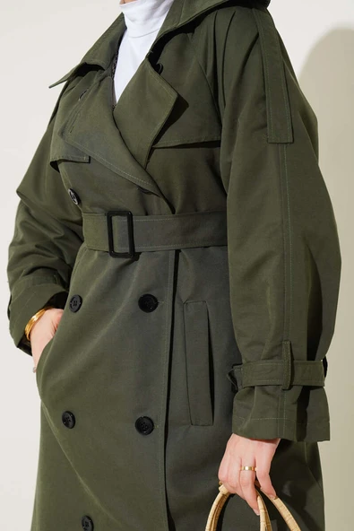 Astarlı Kuşaklı Uzun Trençkot Haki - Resim 4