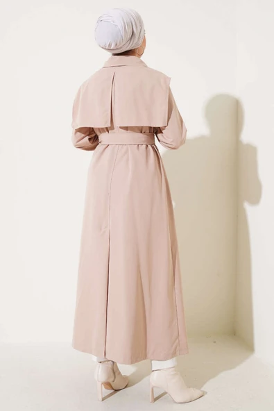 Cep Kapak Detaylı Pelerinli Trençkot Bej - Resim 3