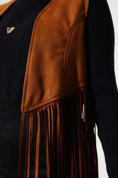 Püsküllü Süet Yelek Taba - Resim 4