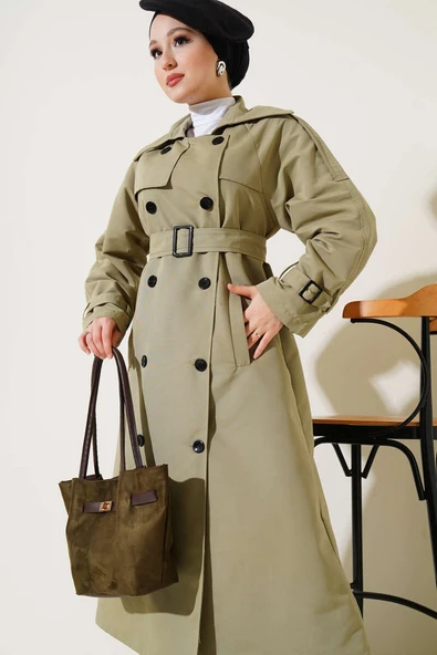 Astarlı Kuşaklı Uzun Trençkot Çağla Yeşili - Resim 2