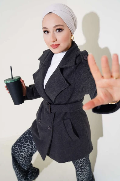 Omuz Apoletli Kısa Kaşe Kaban Füme - Resim 2