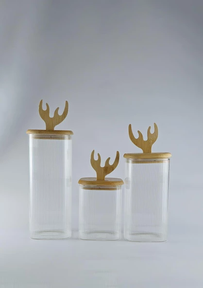 Boynuz Şekilli Bambu Kapaklı Cam Kavanoz Seti - Borosilikat Kavanoz Takımı - 3'lü Set - Kare