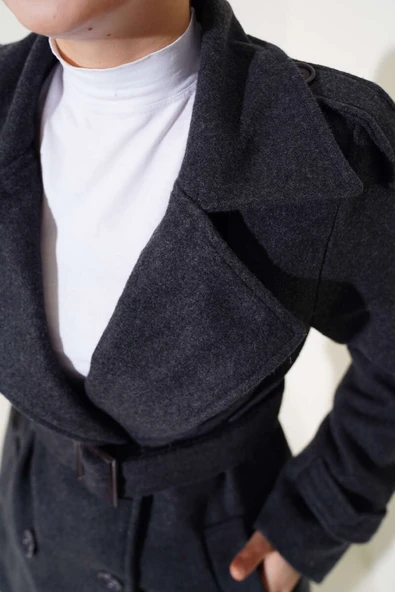 Omuz Apoletli Kısa Kaşe Kaban Füme - Resim 4