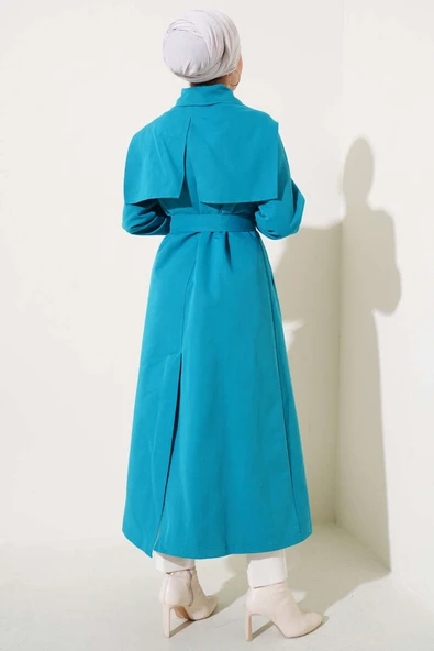 Cep Kapak Detaylı Pelerinli Trençkot Petrol - Resim 3