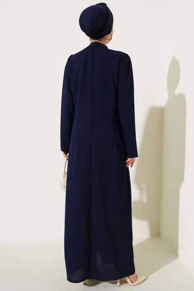 Çiçek Desen Taşlı Büyük Beden Elbise Lacivert - Resim 3