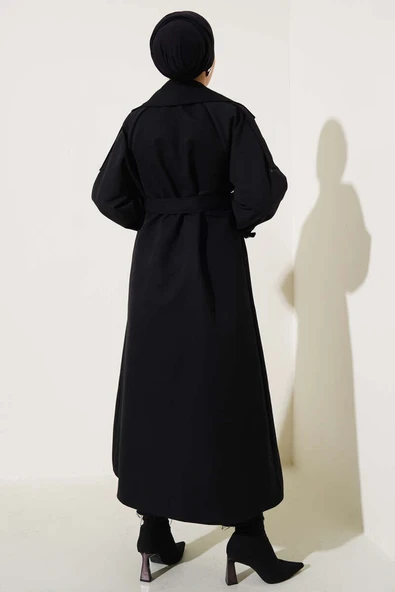 Astarlı Kuşaklı Uzun Trençkot Siyah - Resim 3