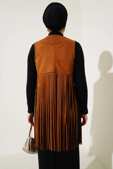 Püsküllü Süet Yelek Taba - Resim 3