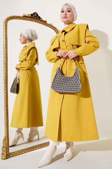 Cep Kapak Detaylı Pelerinli Trençkot Yağ Yeşili ürün görseli 1