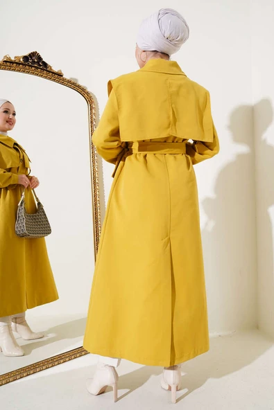 Cep Kapak Detaylı Pelerinli Trençkot Yağ Yeşili - Resim 3