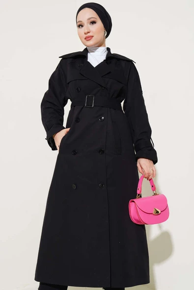 Astarlı Kuşaklı Uzun Trençkot Siyah ürün görseli 1