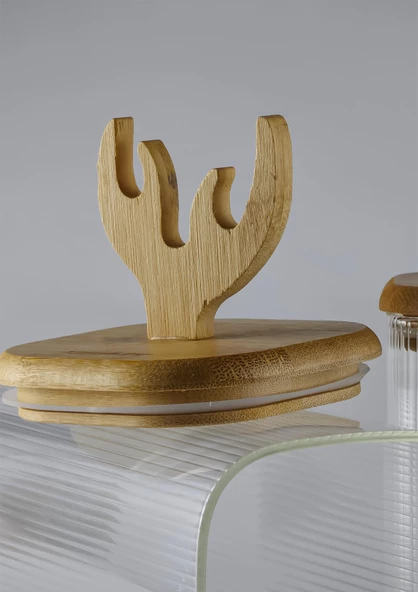 Boynuz Şekilli Bambu Kapaklı Cam Kavanoz Seti - Borosilikat Kavanoz Takımı - 3'lü Set - Kare - 3