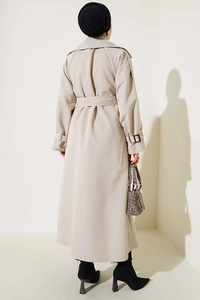 Astarlı Kuşaklı Uzun Trençkot Taş - Resim 3