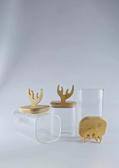 Boynuz Şekilli Bambu Kapaklı Cam Kavanoz Seti - Borosilikat Kavanoz Takımı - 3'lü Set - Kare - 2