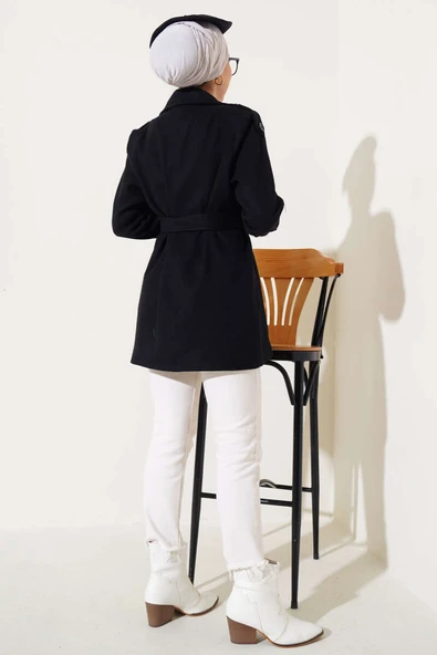 Omuz Apoletli Kısa Kaşe Kaban Siyah - Resim 3