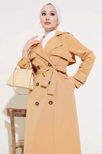 Kol Düğme Detaylı Kuşaklı Trençkot Camel - Resim 2