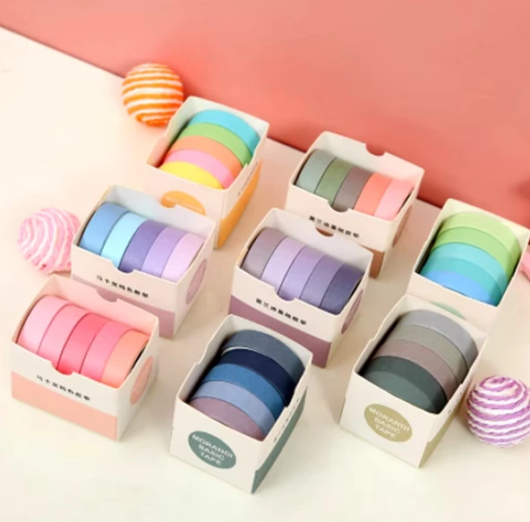 Vintage Washi Tape Bant Yapışkanlı Maskeleme Kağıdı Renkli Bant 5 li - Mor-Mavi Tonları N2 - 2