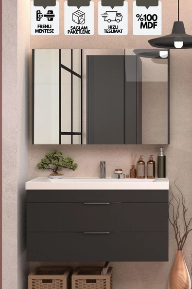 Karen Banyo Lotus Banyo Dolabı 100 Cm Lavabo Dahil Antrasit Çekmeceli Komple Mebran Mdf