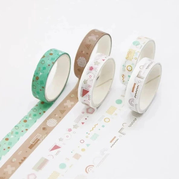 Vintage Washi Tape Bant Baskılı Yapışkanlı Maskeleme Kağıdı Sevimli Desenli bant 5 li - Geometri