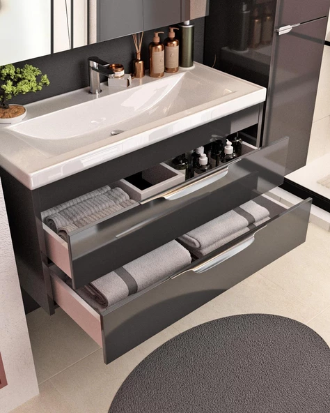 Karen Banyo Lotus Banyo Dolabı 100 Cm Lavabo Dahil Antrasit Çekmeceli Komple Mebran Mdf - 2