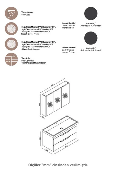 Karen Banyo Lotus Banyo Dolabı 100 Cm Lavabo Dahil Antrasit Çekmeceli Komple Mebran Mdf - 4