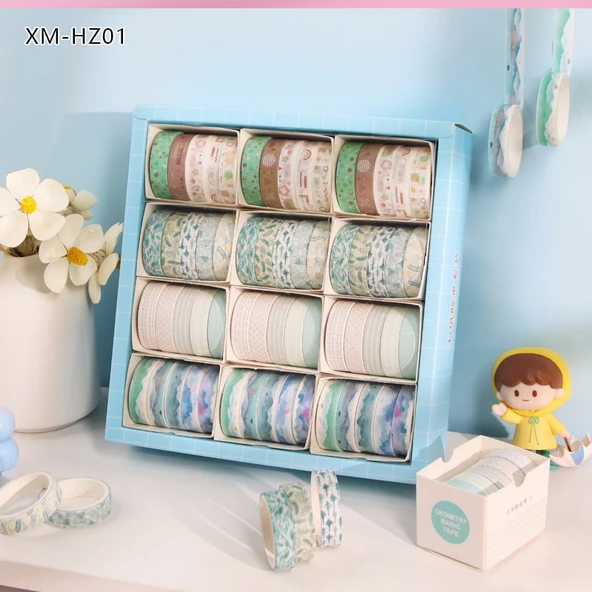 Vintage Washi Tape Bant Baskılı Yapışkanlı Maskeleme Kağıdı Sevimli Desenli bant 5 li - Geometri - 4