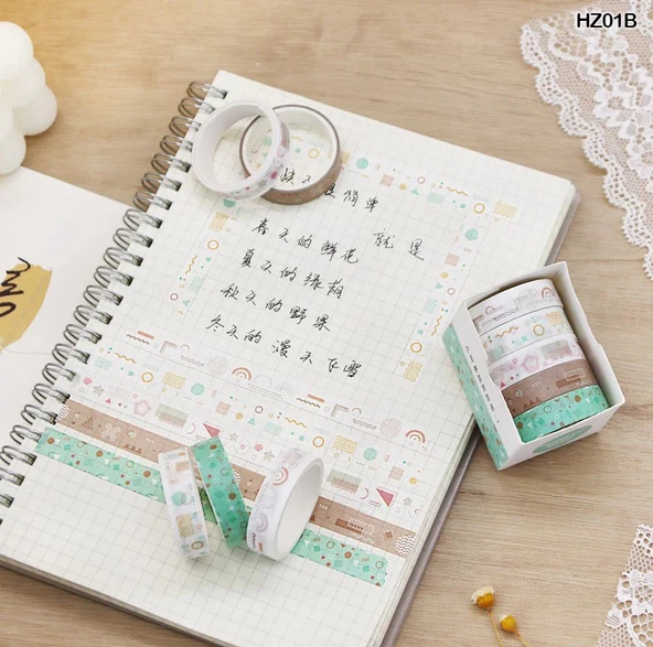 Vintage Washi Tape Bant Baskılı Yapışkanlı Maskeleme Kağıdı Sevimli Desenli bant 5 li - Geometri - 3