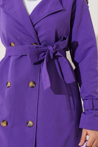 Apoletli Kruvaze Yaka Trençkot Mor - Resim 4