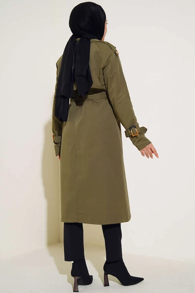 Apoletli Kruvaze Yaka Trençkot Haki - Resim 3