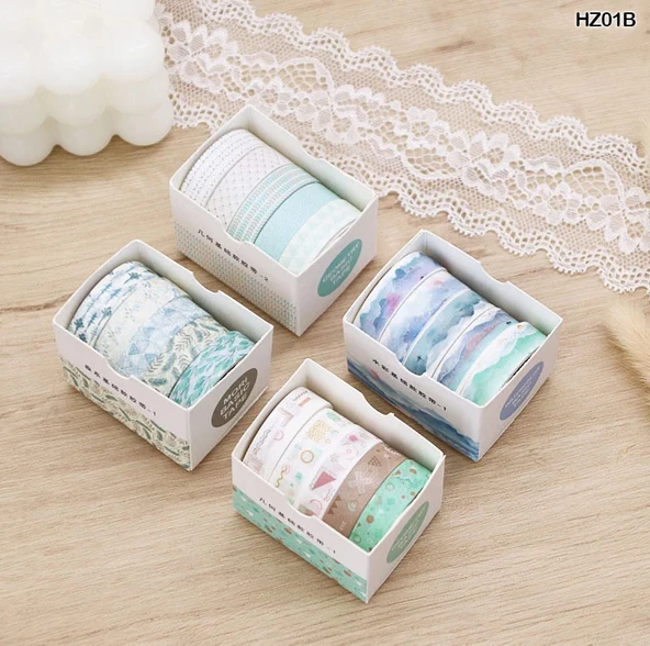 Vintage Washi Tape Bant Baskılı Yapışkanlı Maskeleme Kağıdı Sevimli Desenli bant 5 li - Çizgisel - 3