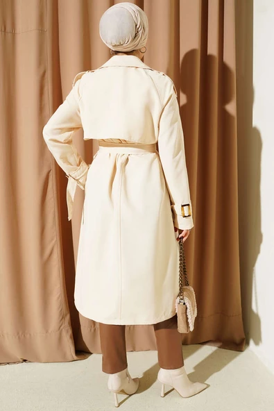 Apoletli Kruvaze Yaka Trençkot Bej - Resim 3