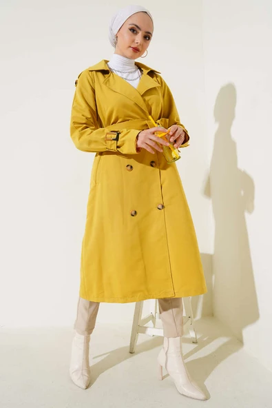 Apoletli Kruvaze Yaka Trençkot Yağ Yeşili - Resim 2