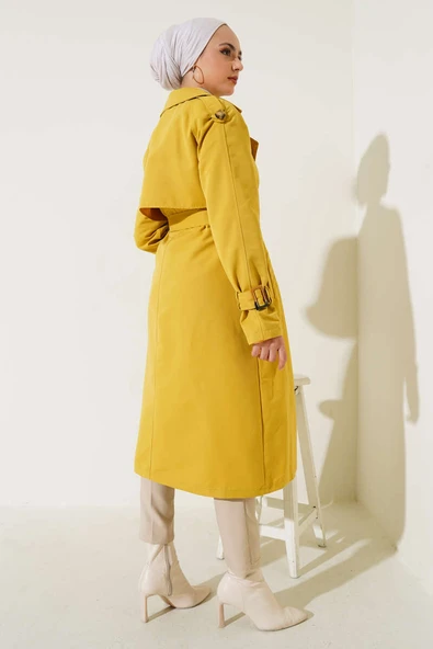 Apoletli Kruvaze Yaka Trençkot Yağ Yeşili - Resim 3