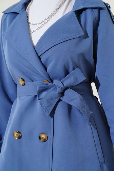 Apoletli Kruvaze Yaka Trençkot İndigo - Resim 4