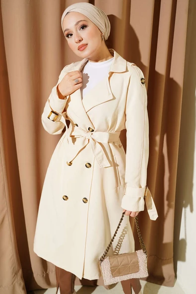 Apoletli Kruvaze Yaka Trençkot Bej ürün görseli 1