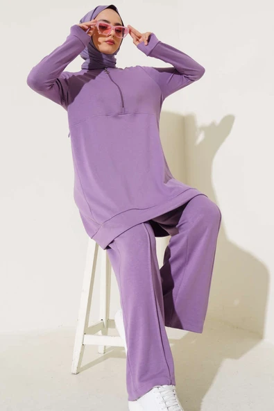 Loyşa Hakim Yaka Fermuarlı İkili Takım Lila