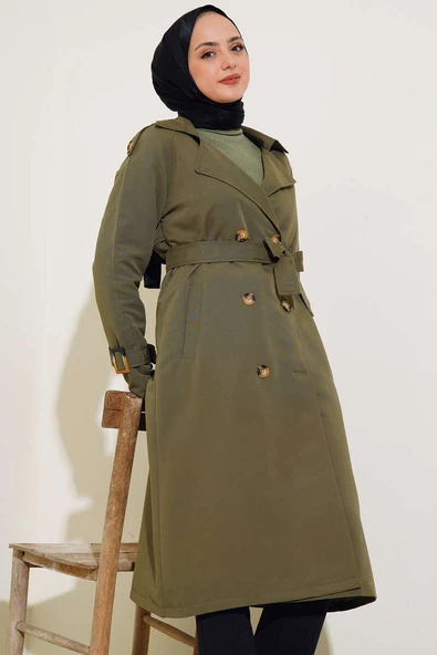 Apoletli Kruvaze Yaka Trençkot Haki - Resim 2