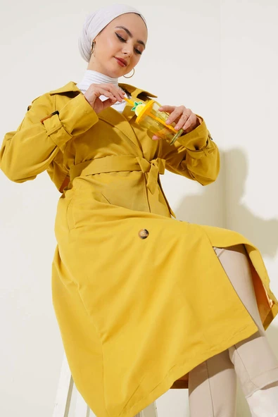 Apoletli Kruvaze Yaka Trençkot Yağ Yeşili ürün görseli 1