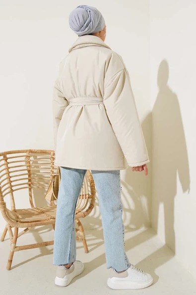 Kuşaklı Cepli Basic Şişme Mont Bej - 3