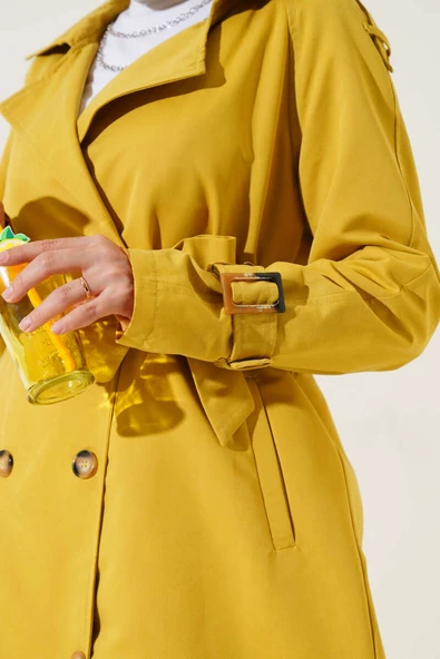 Apoletli Kruvaze Yaka Trençkot Yağ Yeşili - Resim 4