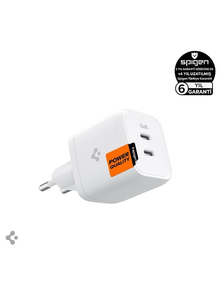 Spigen 45W GaN USB-C 2 Port Mini Adaptör - Samsung PPS 2.0 Destekli Hızlı Şarj Aleti iPhone & Android & iPad & MacBook Type-C PE2105 White - ACH03717